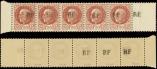 Lot n° 1295 - ** - CHATELLERAULT 6 : 1f50 brun rouge, bande de 5 avec bords, 3 ex. surch. au verso, TB