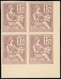 Lot n° 1440 - (*) - 117   Mouchon, 15c., ESSAI de couleur en violet pâle, BLOC de 4 cdf, TB