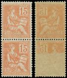 Lot n° 1433 - ** - 117b  Mouchon, 15c. orange, impression RECTO-VERSO, PAIRE, un ex. RECTO-VERSO partiel, TB
