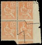 Lot n° 1437 - * - 117   Mouchon, 15c. orange, BLOC de 4 avec PIQUAGE DECALE, spectaculaire et TB