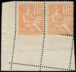 Lot n° 1432 - ** - 117   Mouchon, 15c. orange, PAIRE cdf avec variété de PIQUAGE, un ex. dentelé 3 COTES, TB
