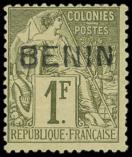 Lot n° 2180 - * - BENIN 13 : 1f. olive, surch. T II, froissure de gomme, sinon TB. cote Maury