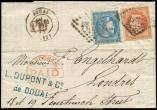 Lot n 806 - <span><img src='https://www.ceres.fr/img/ImgLet.jpg' height=14 width=18 alt='Let' border='0'></span> - N31 et 45C obl. GC 1334 s. LAC, cd T17 DOUAI 14/1/71, arr. LONDON 16/1, TTB