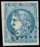 Lot n° 359 -  - 46A  20c. bleu, T III R I, grandes marges, obl. légère, TTB