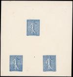 Lot n� 2712 -  - 129   Semeuse Lign�e, 10c. bleu, �preuve 98 x 105 mm avec 3 timbres diff�rents dont 2 types NON EMIS, TB